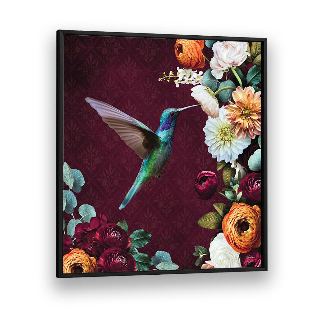 hummingbird a flowers by sue skellern wildlife posters wildlife paintings in Black Plain Frame