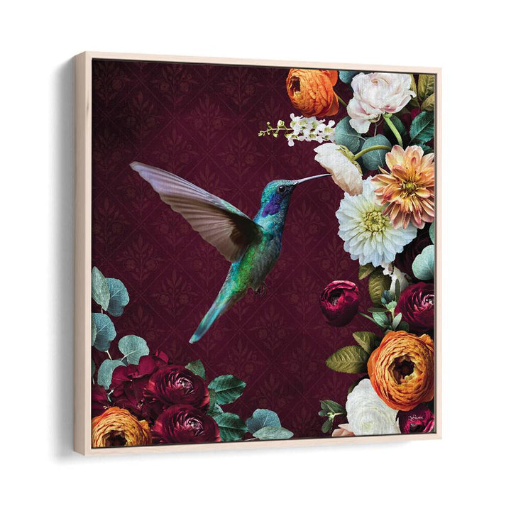 hummingbird a flowers by sue skellern wildlife posters wildlife paintings in Oak Wood Floater Frame