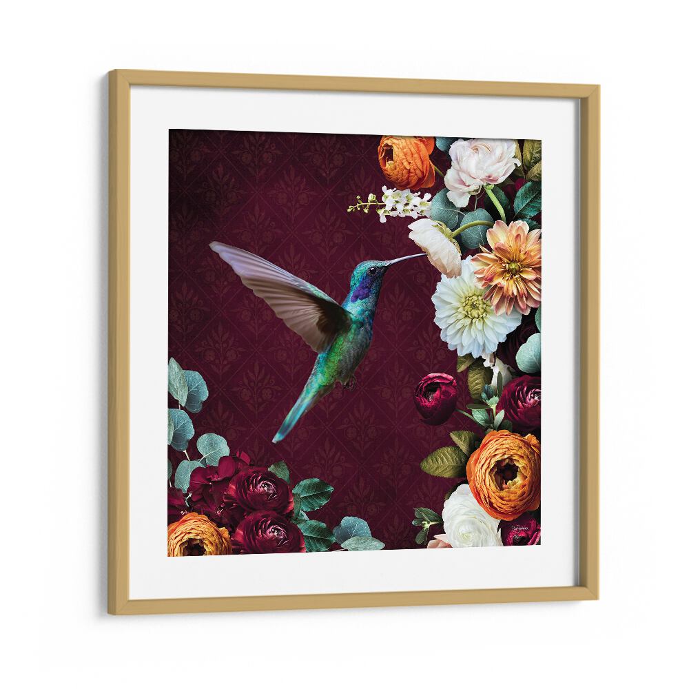 hummingbird a flowers by sue skellern wildlife posters wildlife paintings in Oak Wood Frame With Mount