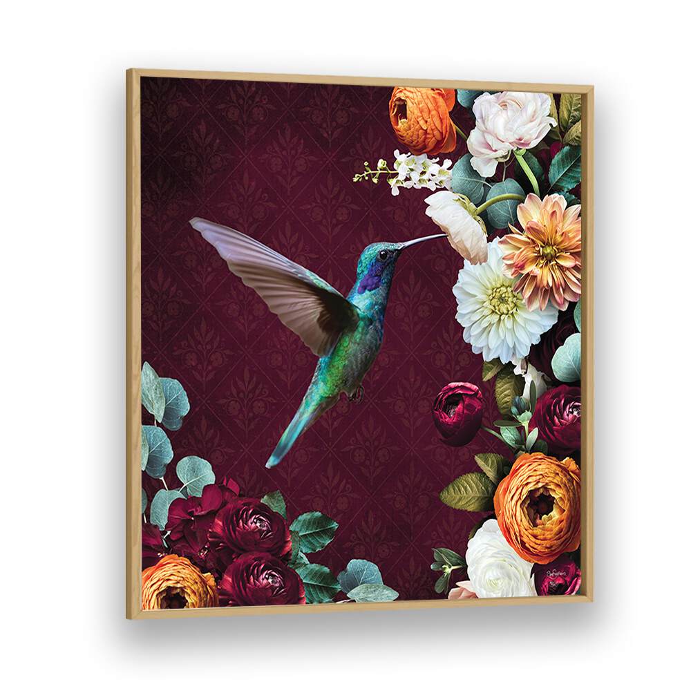 hummingbird a flowers by sue skellern wildlife posters wildlife paintings in Oak Wood Plain Frame