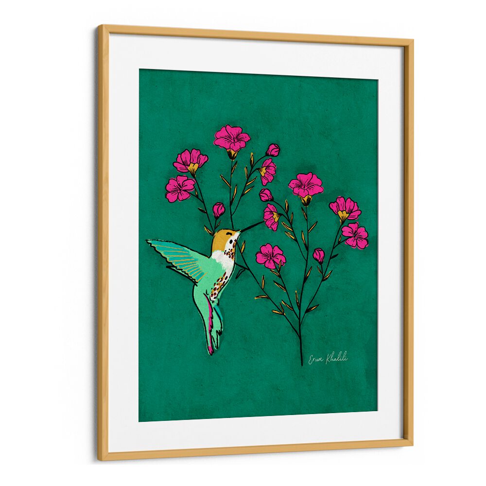 hummingbird wildlife paintings in Oak Wood Frame With Mount