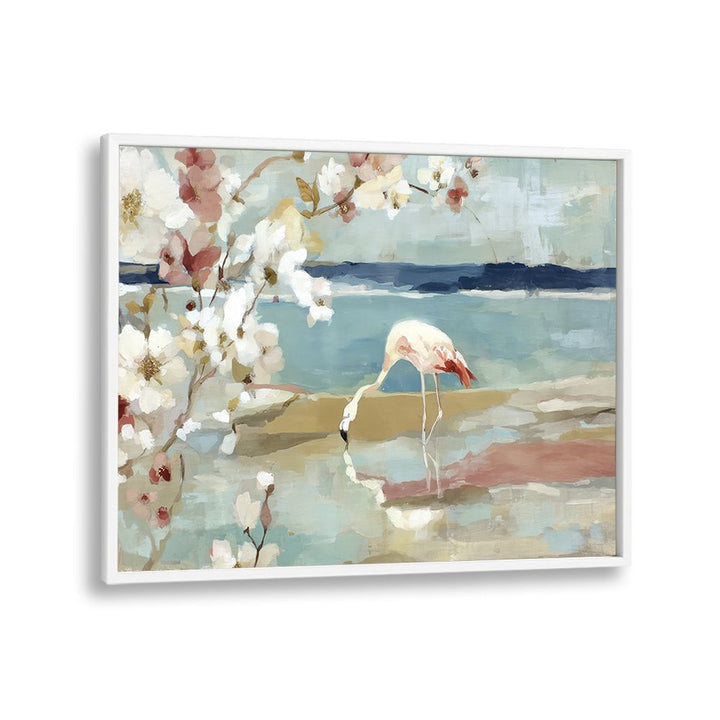 FLAMINGO UNDER CHERRY BLOSSOMS BY THE SHORE