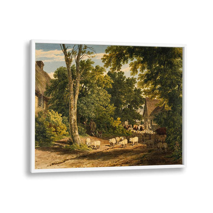 HERD OF SHEEP ON ROAD PAINTING ,VINTAGE LANDSCAPE
