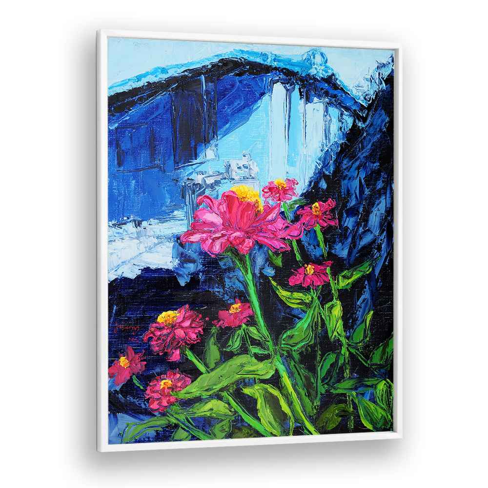 PINK ZINNIAS BLUE BACKDROP