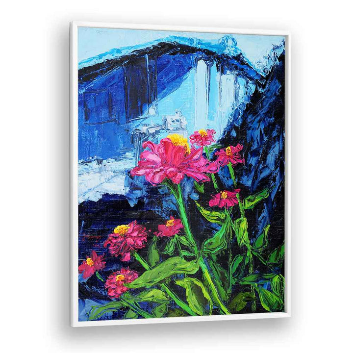 PINK ZINNIAS BLUE BACKDROP