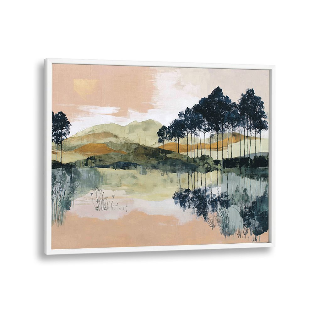 PINE TREES REFLECTED IN STILL LAKE