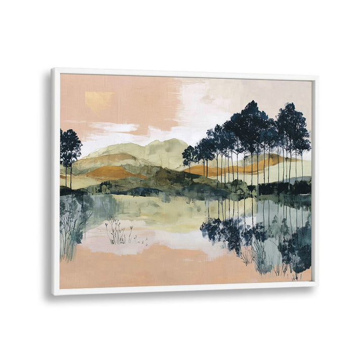 PINE TREES REFLECTED IN STILL LAKE