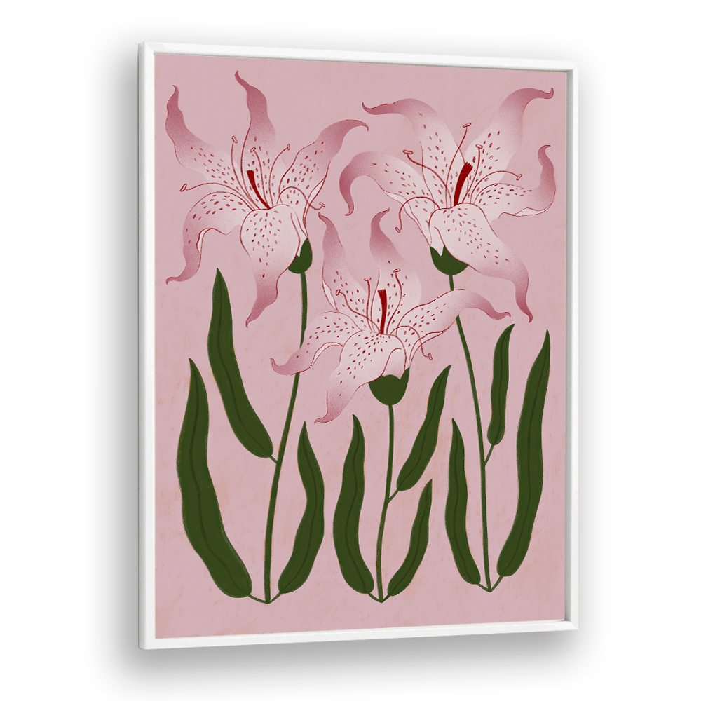Framed artwork of pink flowers with green leaves on a pink background