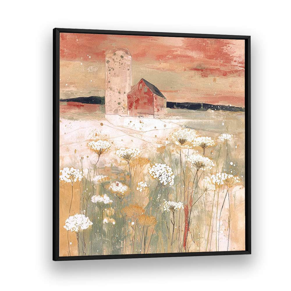 BARN AND SILO IN WILDFLOWER MEADOW