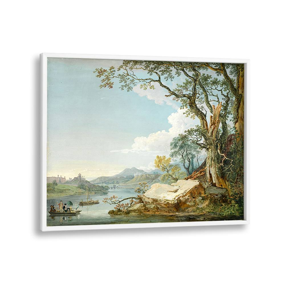 PEOPLE IN A BOAT ON A RIVER , VINTAGE LANDSCAPE