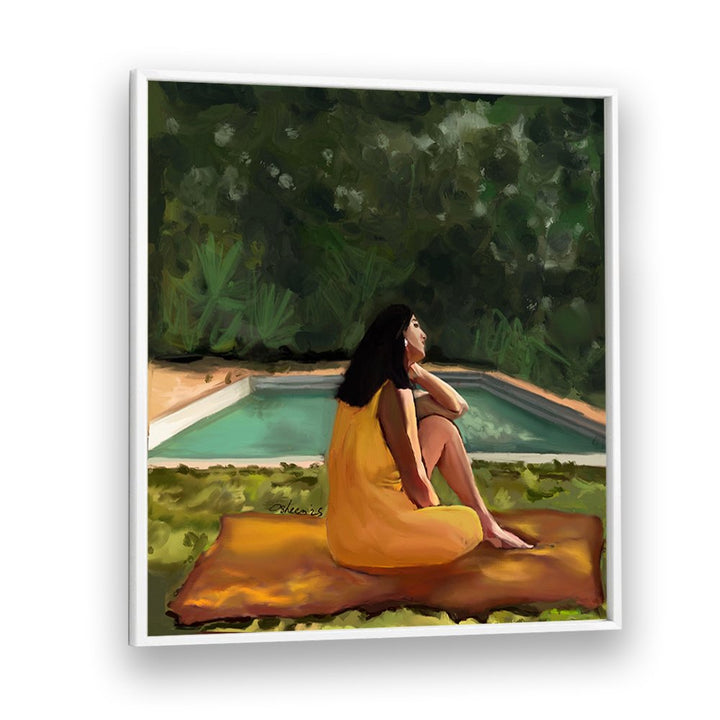 WOMAN RELAXING POOLSIDE