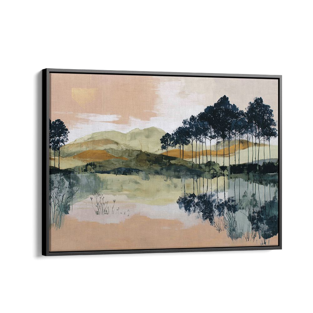 PINE TREES REFLECTED IN STILL LAKE