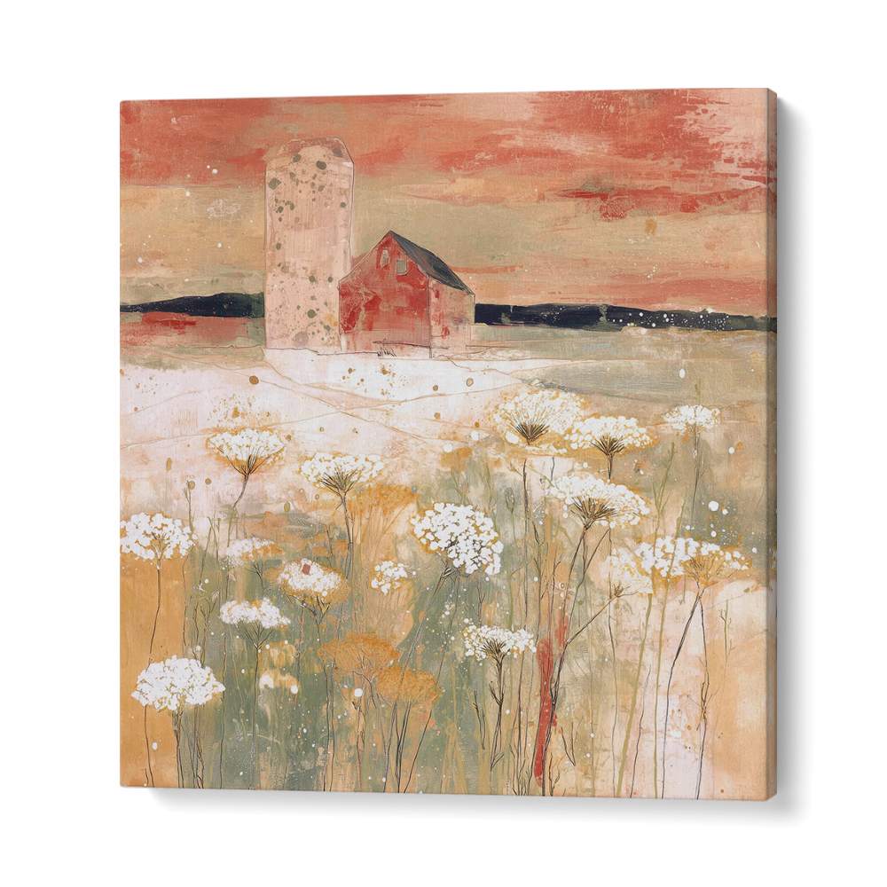 BARN AND SILO IN WILDFLOWER MEADOW