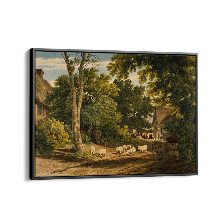 HERD OF SHEEP ON ROAD PAINTING ,VINTAGE LANDSCAPE
