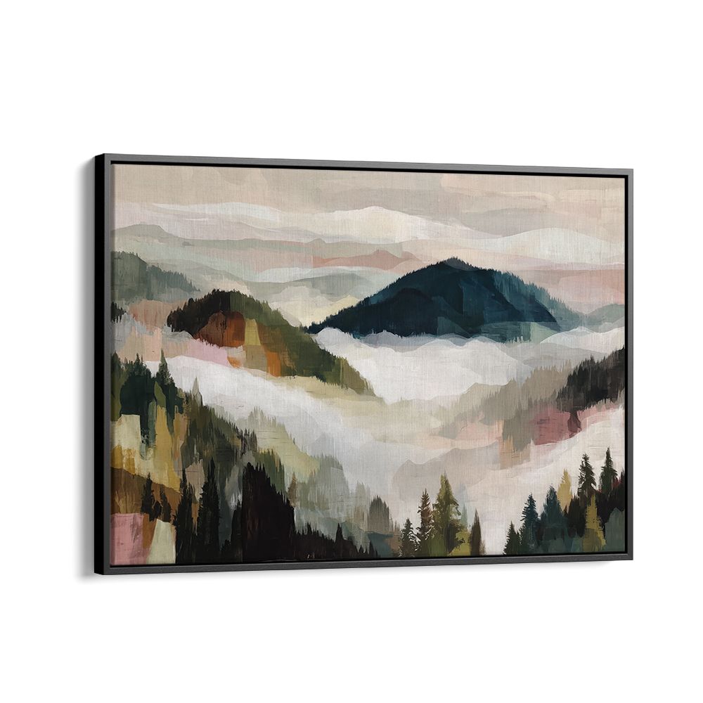 LAYERED MOUNTAIN VALLEY WITH PINE TREES