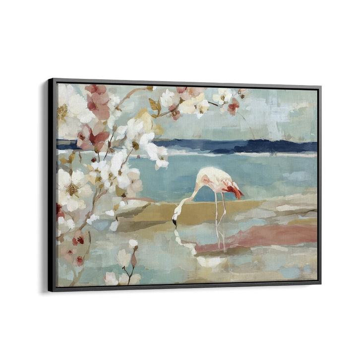 FLAMINGO UNDER CHERRY BLOSSOMS BY THE SHORE