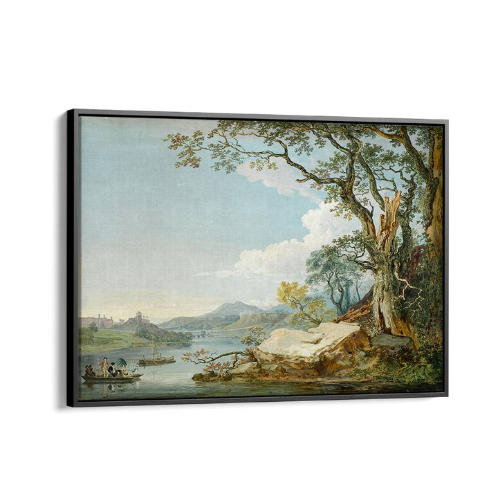PEOPLE IN A BOAT ON A RIVER , VINTAGE LANDSCAPE