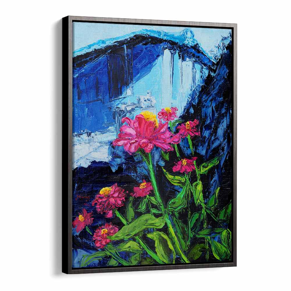 PINK ZINNIAS BLUE BACKDROP