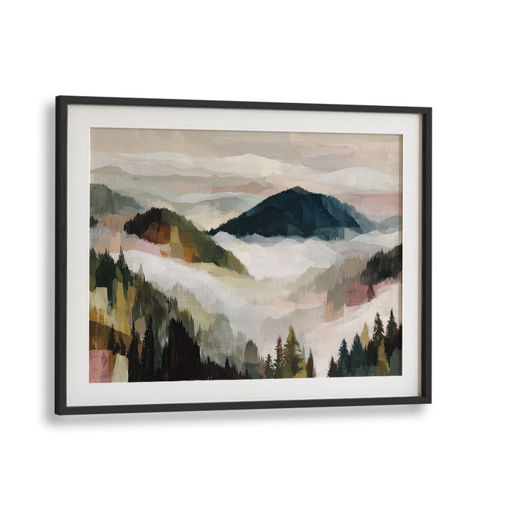 LAYERED MOUNTAIN VALLEY WITH PINE TREES