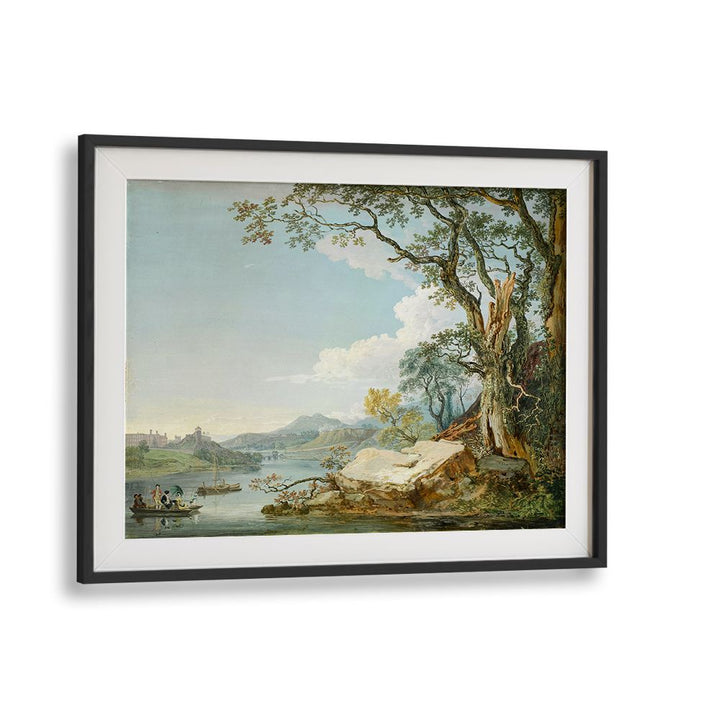 PEOPLE IN A BOAT ON A RIVER , VINTAGE LANDSCAPE