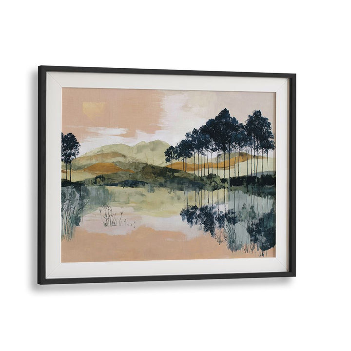 PINE TREES REFLECTED IN STILL LAKE