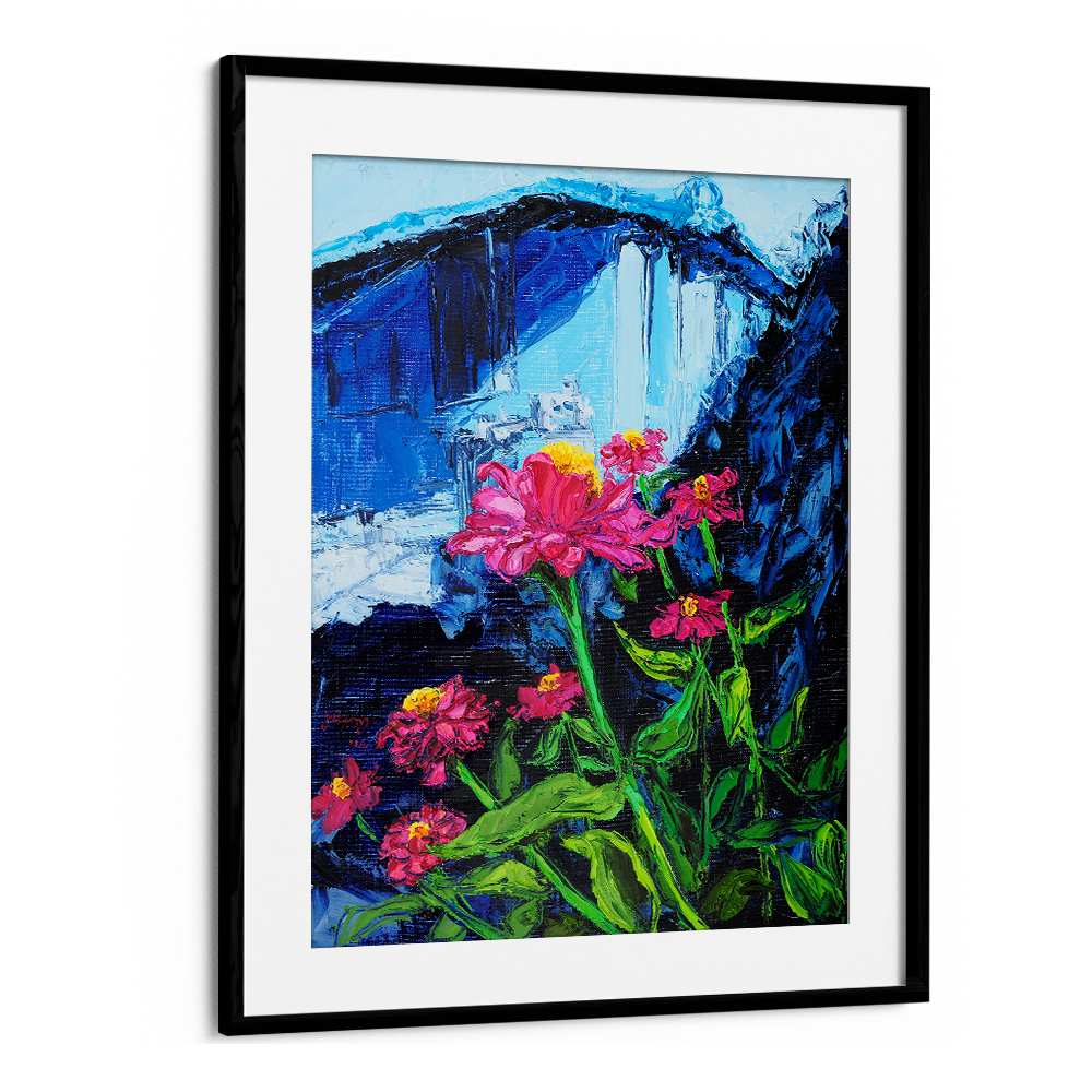 PINK ZINNIAS BLUE BACKDROP