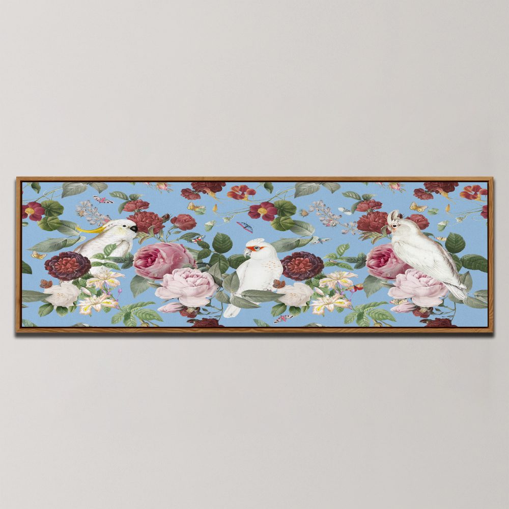 BLUE BOTANICAL COCKATOOS, PANORAMIC ART