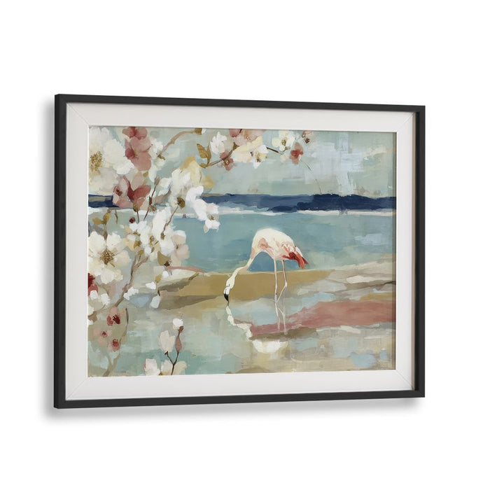 FLAMINGO UNDER CHERRY BLOSSOMS BY THE SHORE