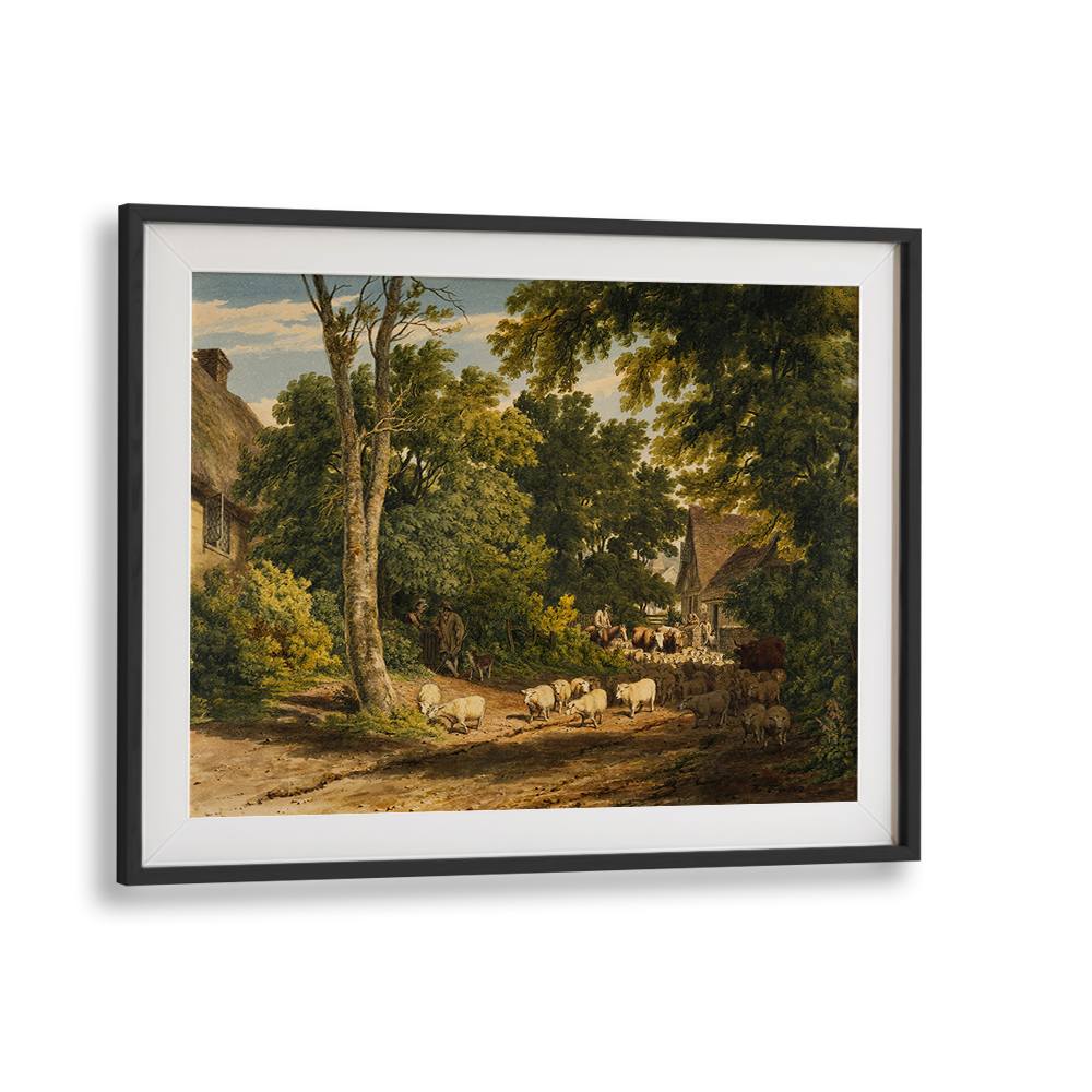 HERD OF SHEEP ON ROAD PAINTING ,VINTAGE LANDSCAPE