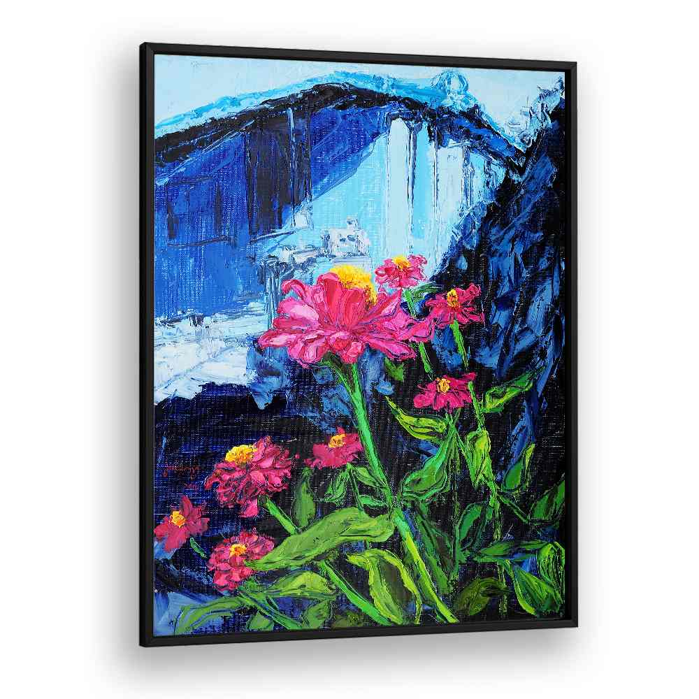 PINK ZINNIAS BLUE BACKDROP