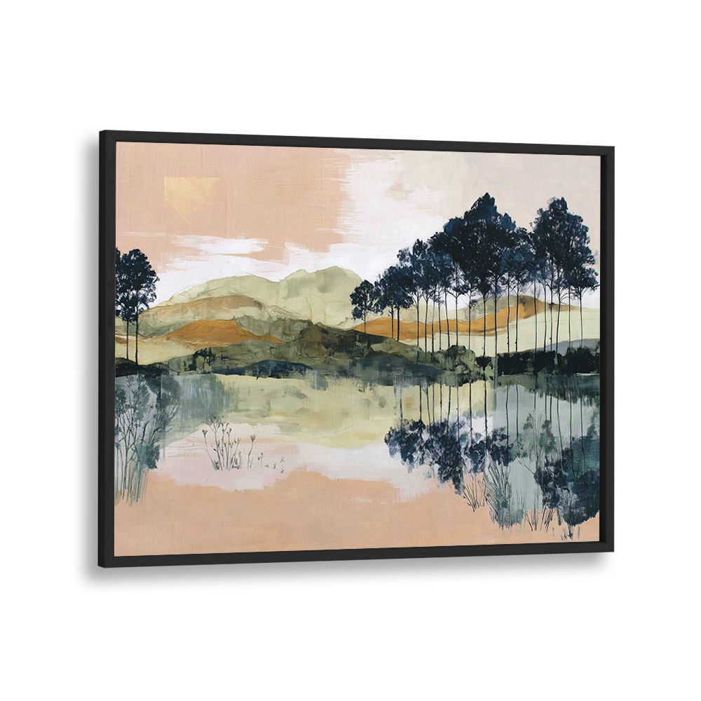 PINE TREES REFLECTED IN STILL LAKE