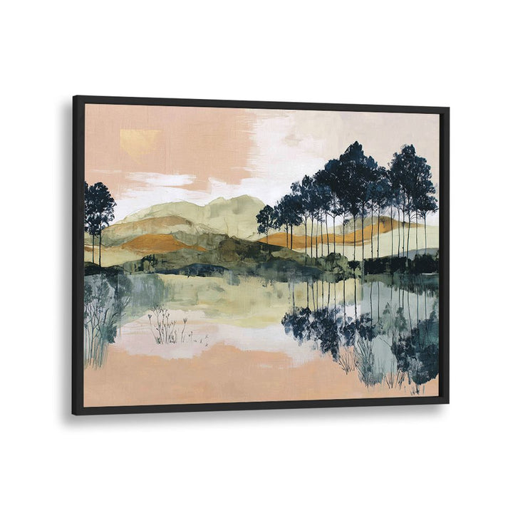 PINE TREES REFLECTED IN STILL LAKE