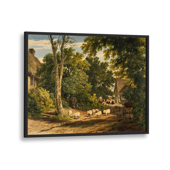 HERD OF SHEEP ON ROAD PAINTING ,VINTAGE LANDSCAPE