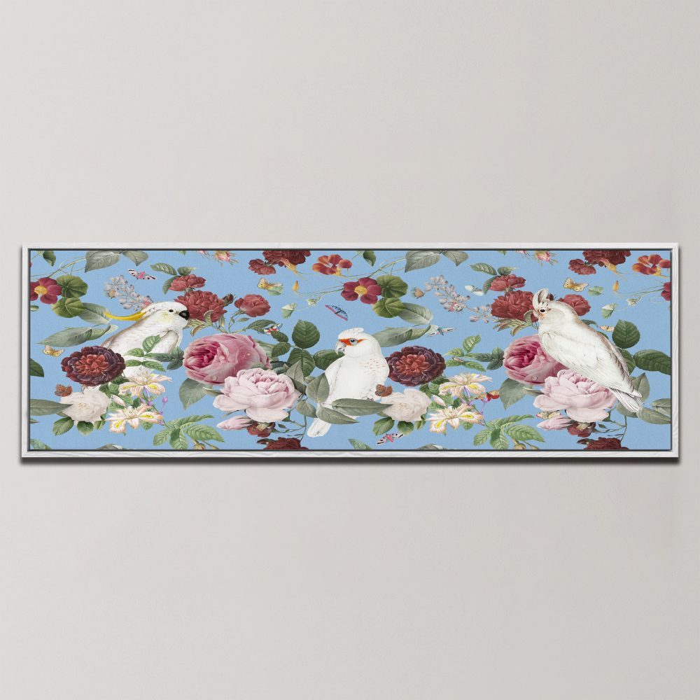 BLUE BOTANICAL COCKATOOS, PANORAMIC ART