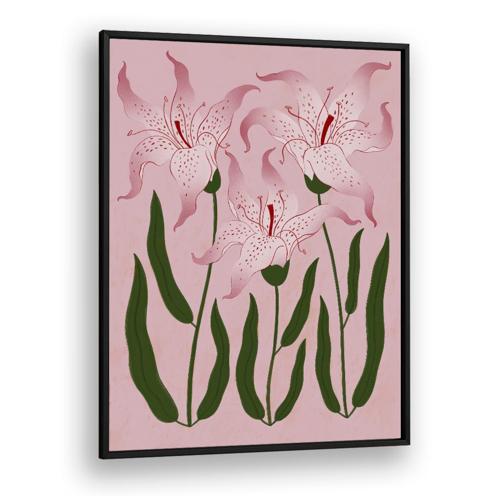 Framed artwork of pink flowers with green leaves on a pink background