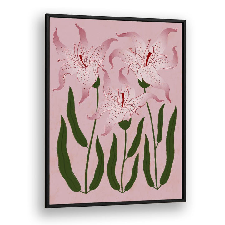 Framed artwork of pink flowers with green leaves on a pink background