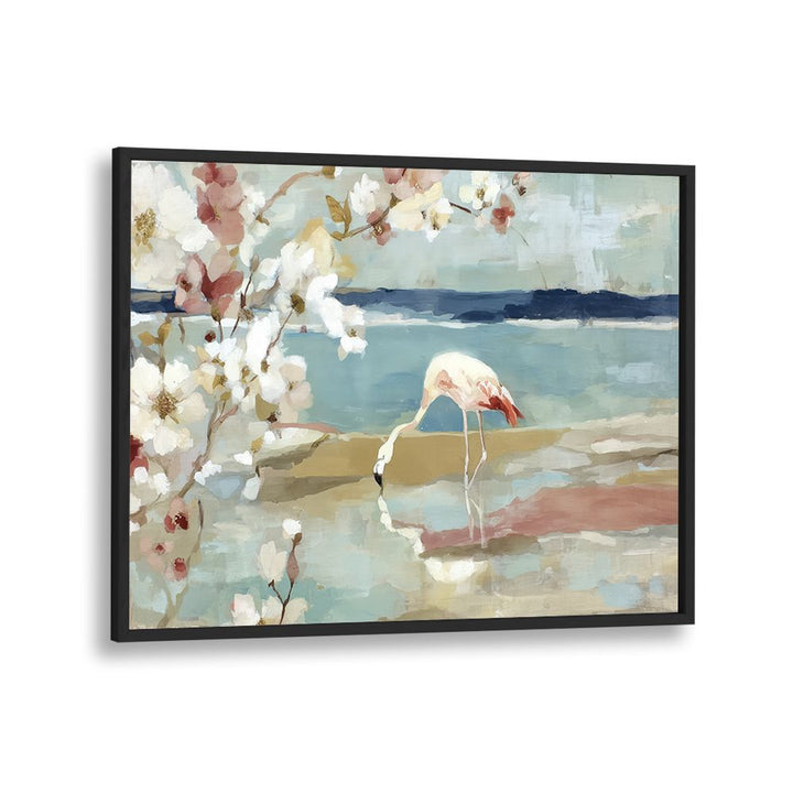 FLAMINGO UNDER CHERRY BLOSSOMS BY THE SHORE