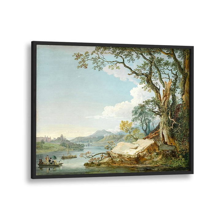 PEOPLE IN A BOAT ON A RIVER , VINTAGE LANDSCAPE