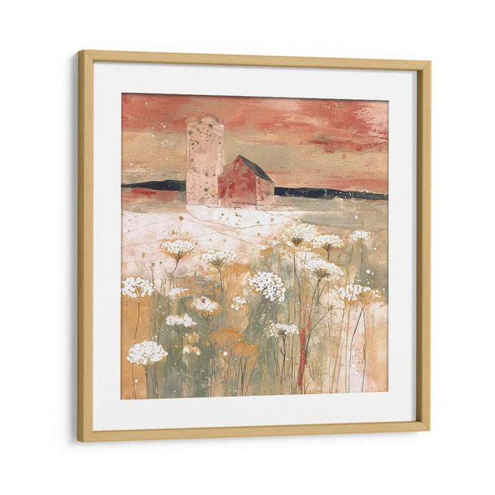 BARN AND SILO IN WILDFLOWER MEADOW