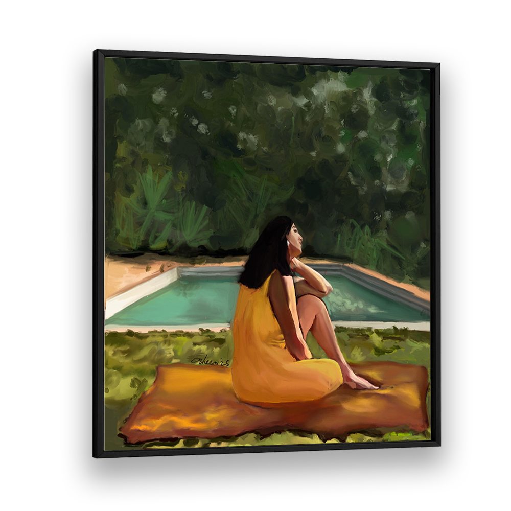 WOMAN RELAXING POOLSIDE