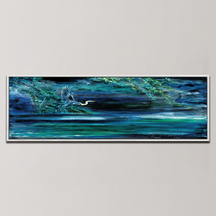 HERON OVER DARK WATER , PANORAMIC ART