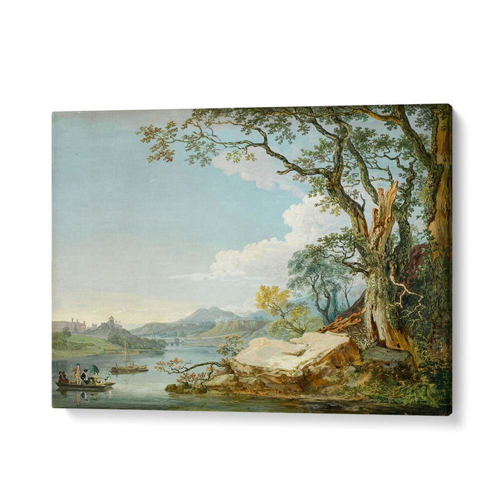 PEOPLE IN A BOAT ON A RIVER , VINTAGE LANDSCAPE