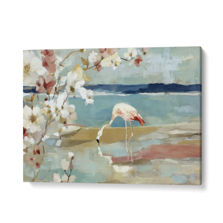 FLAMINGO UNDER CHERRY BLOSSOMS BY THE SHORE