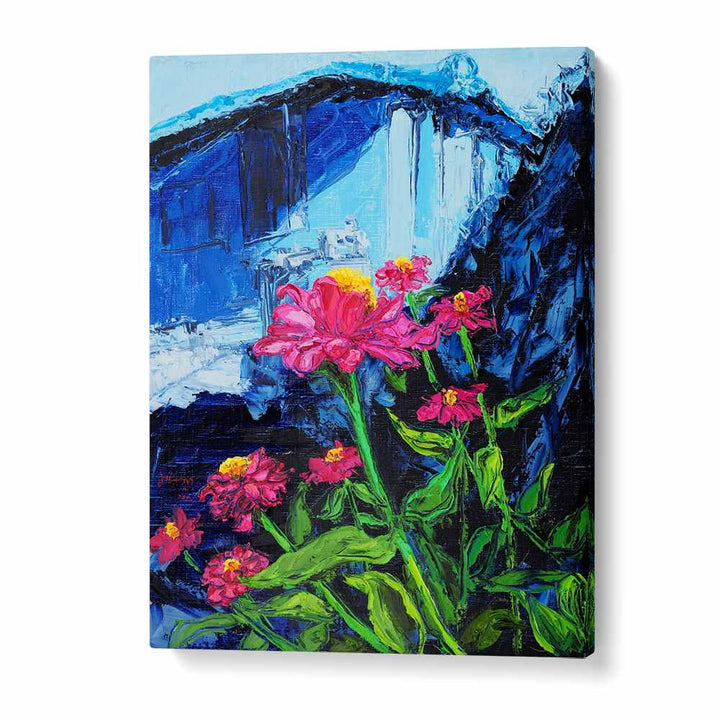 PINK ZINNIAS BLUE BACKDROP