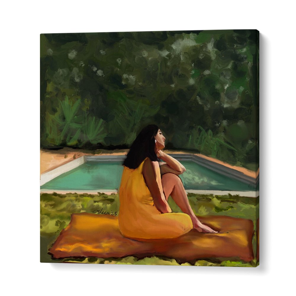 WOMAN RELAXING POOLSIDE