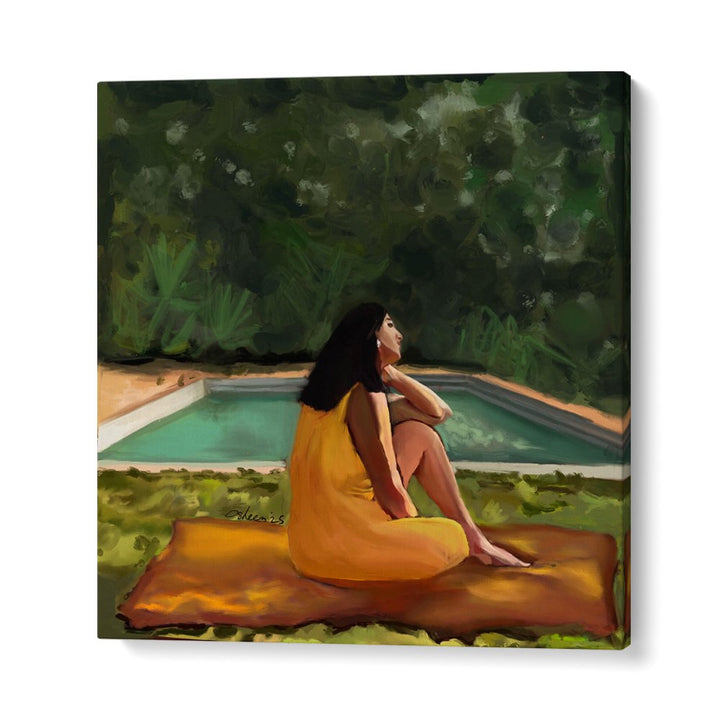WOMAN RELAXING POOLSIDE