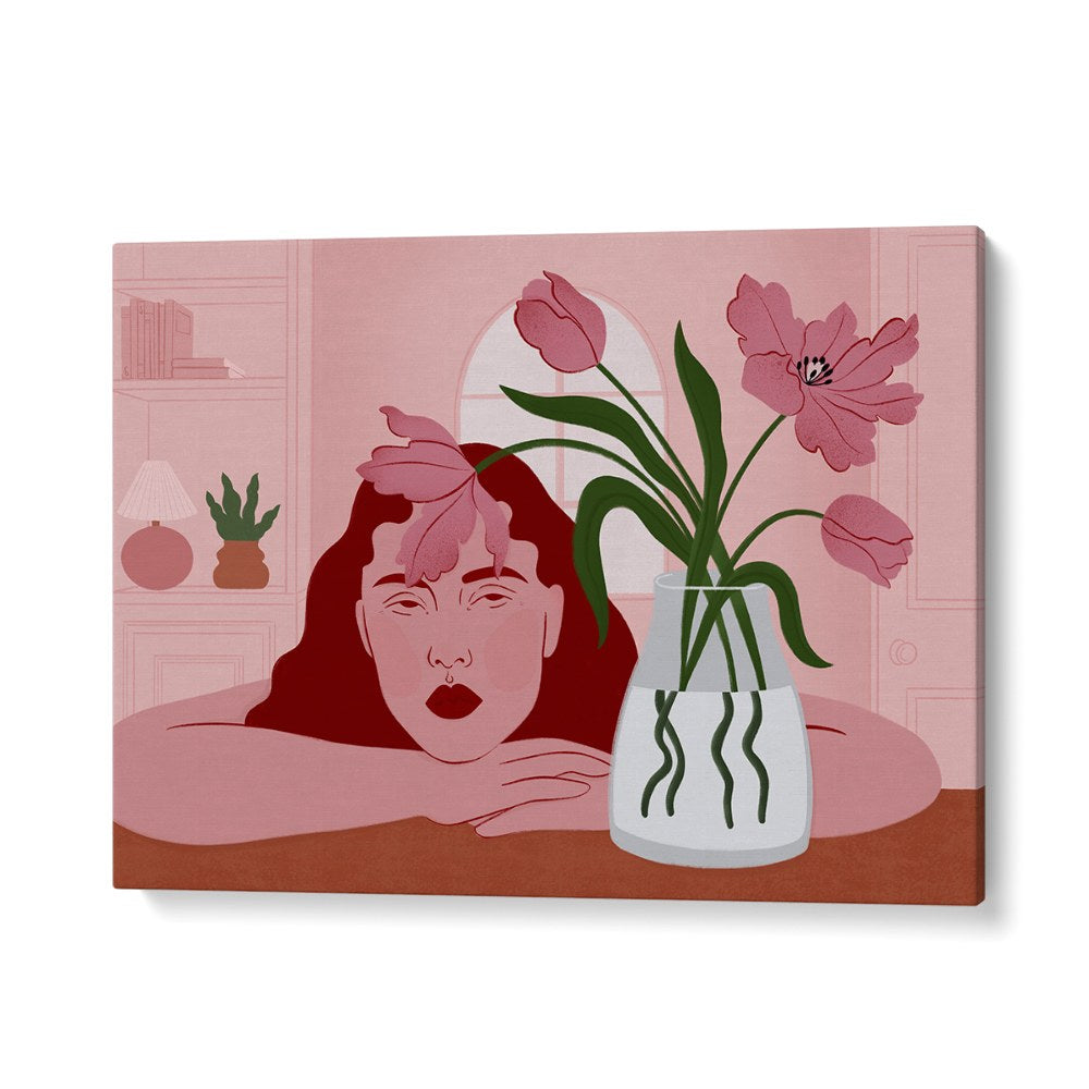 PENSIVE WOMAN AND TULIPS