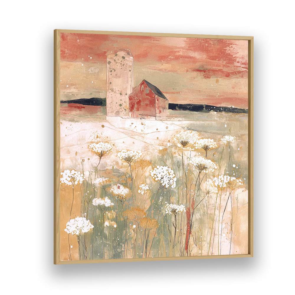 BARN AND SILO IN WILDFLOWER MEADOW