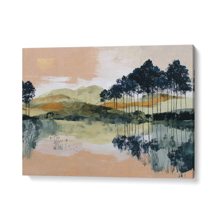 PINE TREES REFLECTED IN STILL LAKE