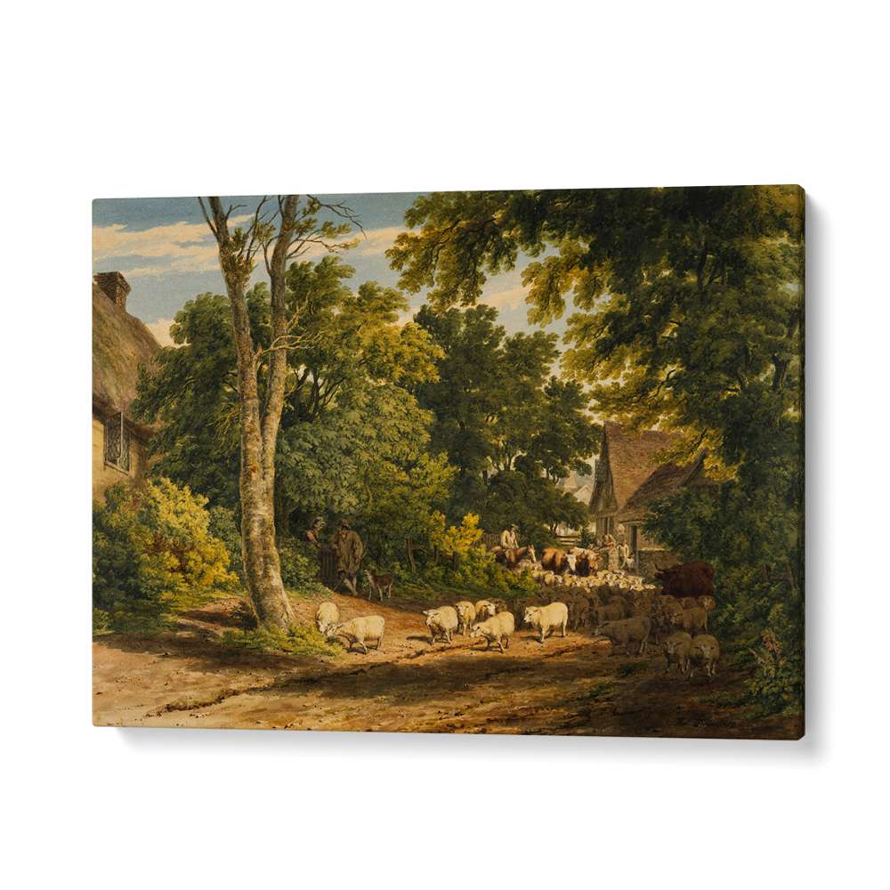 HERD OF SHEEP ON ROAD PAINTING ,VINTAGE LANDSCAPE